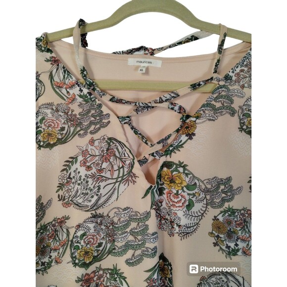 Maurice's Tank Women's XL Chiffon OverShirt Lace Up V-Neck Peach Green Twee - Picture 6 of 10